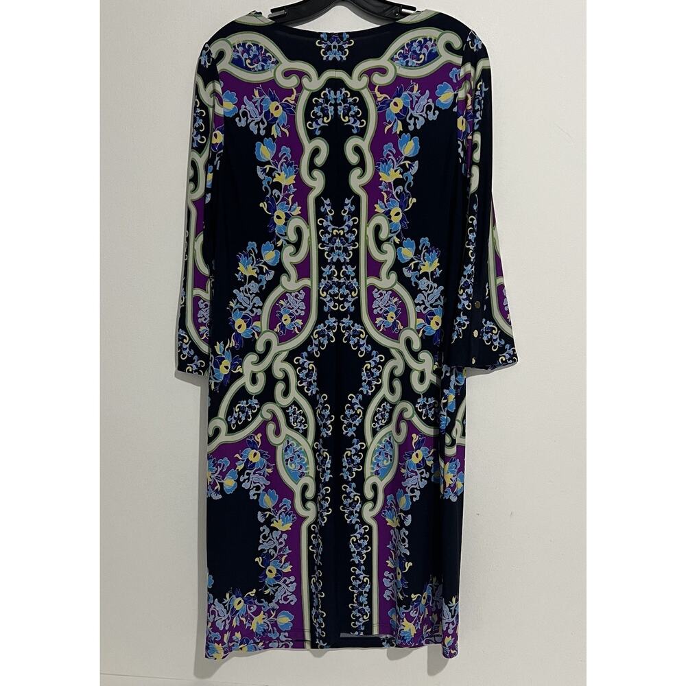 Chico’s Womens Size 1 (M) Navy Blue Purple Paisley Dress Gold Buttons On Sleeve - Picture 2 of 7
